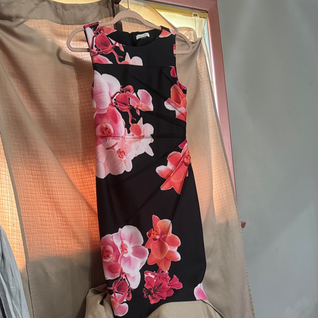Calvin Klein Floral Sheath Dress In Black And Pink -M13